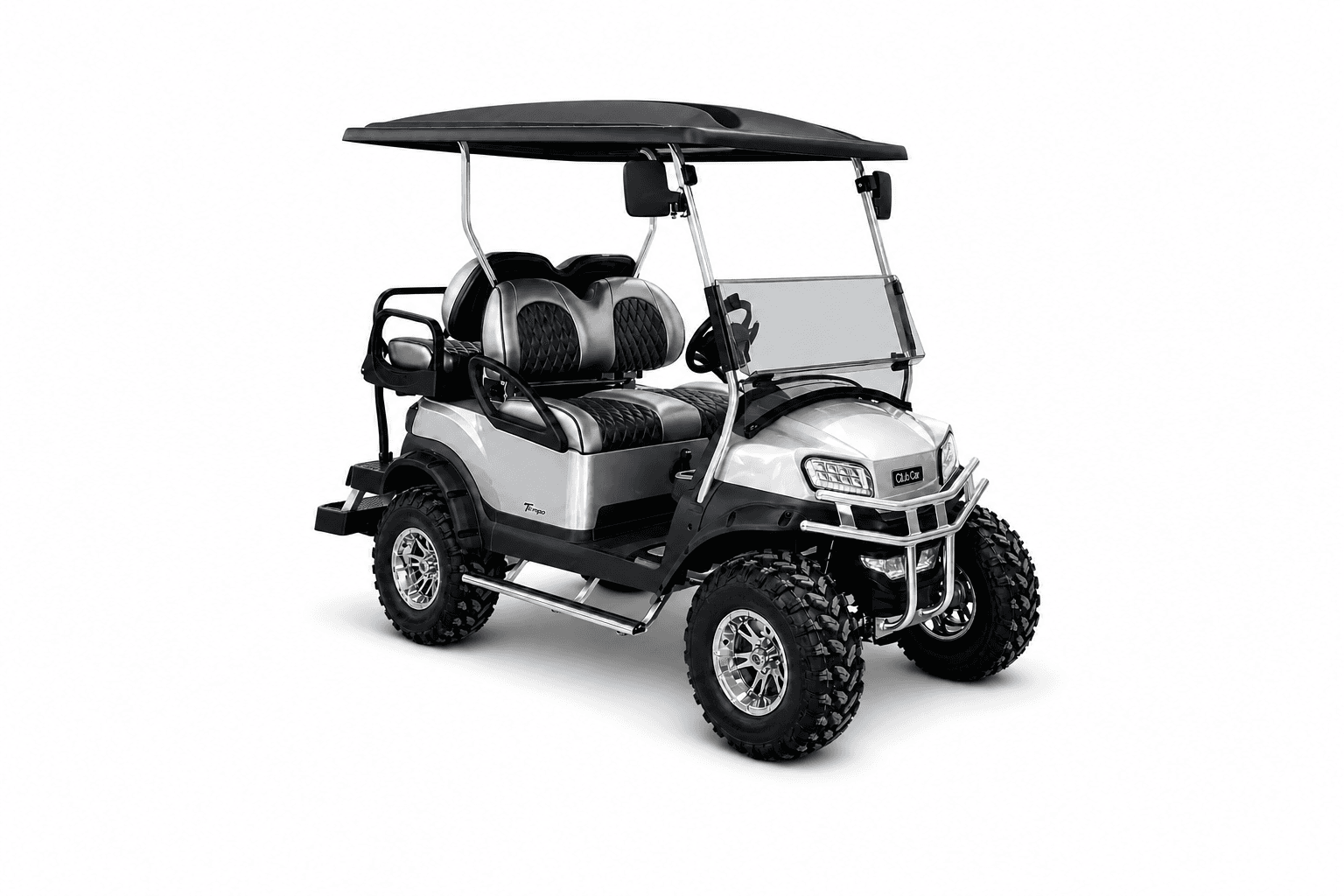 Silver custom golf cart with navy quilted seats, chrome rails and off-road tires
